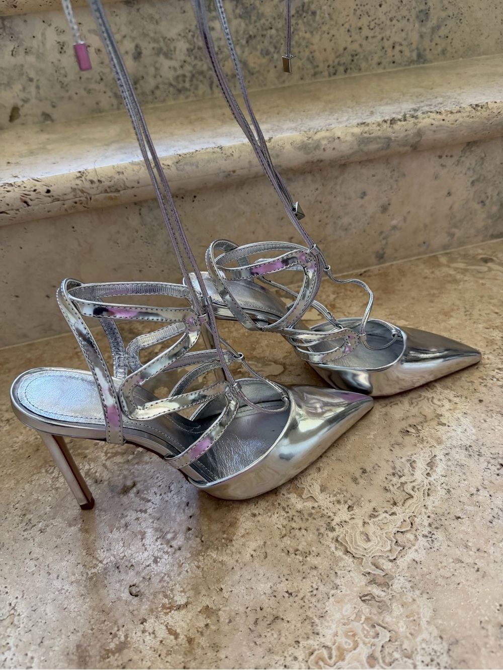 SCHUTZ Metallic Silver Lace-Up Pointed-Toe Stiletto Heels NWT 7.5